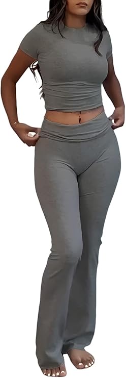 YETOWA Women's 2 Piece Lounge Outfits Slim Short Sleeve Tops Low Rise Flare Leggings Sets Yoga Sweatsuit