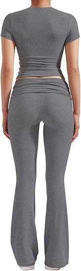 YETOWA Women's 2 Piece Lounge Outfits Slim Short Sleeve Tops Low Rise Flare Leggings Sets Yoga Sweatsuit - Image 5