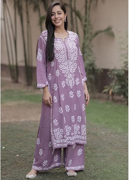 zomiconice Women's Kurta Set Embroidered Chikankari Kurta with pant ethnic Indian wear- Lucknow Chikankari - Image 4