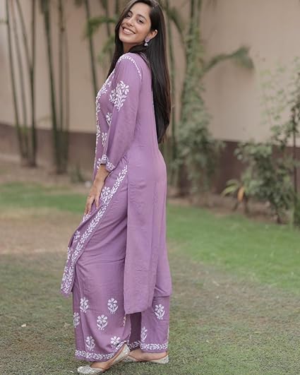 zomiconice Women's Kurta Set Embroidered Chikankari Kurta with pant ethnic Indian wear- Lucknow Chikankari - Image 5