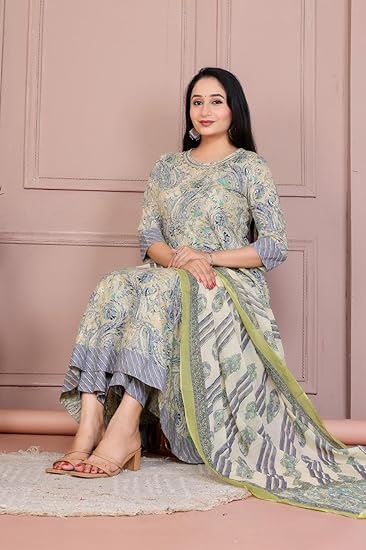 Archy Creations Traditional Anarkali Kurta Set with Pants and Dupatta, Cotton, Plain & Floral Print, 3/4 Sleeve - Image 3