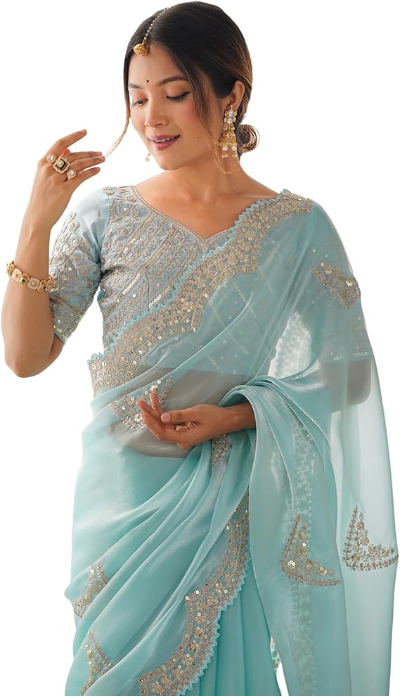 SIRIL Women's Tissue Silk Sequence Embroidery Saree With Unstitched Blouse Piece