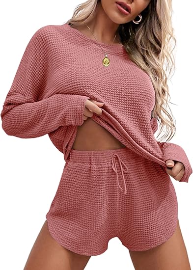 Ekouaer Womens Waffle Knit Pajama Sets Long Sleeve Top and Shorts Matching Lounge Set Loungewear Sweatsuit with Pockets