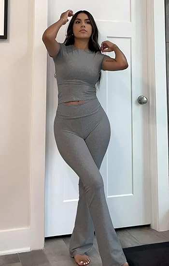 YETOWA Women's 2 Piece Lounge Outfits Slim Short Sleeve Tops Low Rise Flare Leggings Sets Yoga Sweatsuit - Image 2