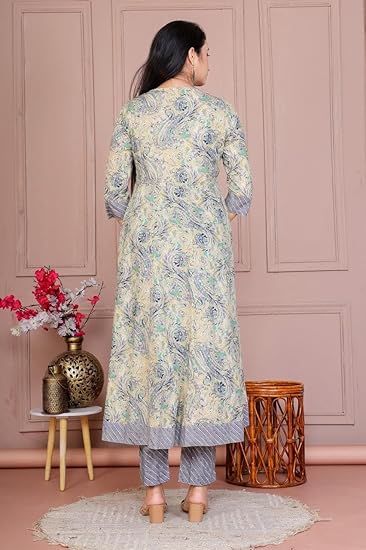 Archy Creations Traditional Anarkali Kurta Set with Pants and Dupatta, Cotton, Plain & Floral Print, 3/4 Sleeve - Image 2