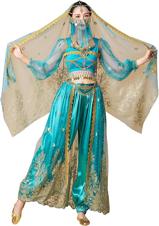 ZYACTU Women's Aladdin Jasmine Princess Dress Up Party Belly Dance Halloween Performance Costumes Cosplay Outfits