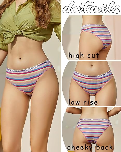 FINETOO Cotton Underwear for Women Cheeky High Cut Breathable Stretch Sexy Ladies Hipster Bikini Panties Pack S-XL - Image 4