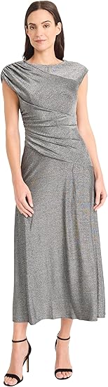 Maggy London Womens Women's Elegant Ruched Midi Dress - Cap Sleeve Boat Neck - Slim-Fitting Cocktail Dress
