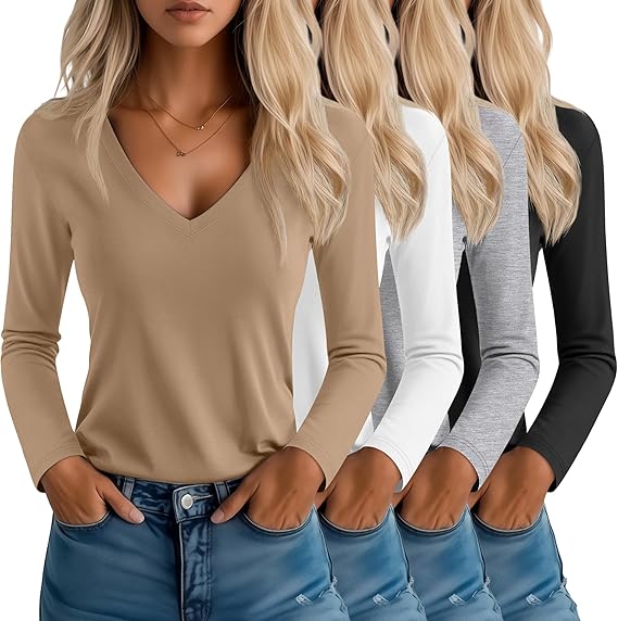 Neer 4 Pack Women's T-Shirts V Neck Long Sleeve Casual Tops Loose Fit Basic Layering Shirts Straight Hem Plain Soft Tees