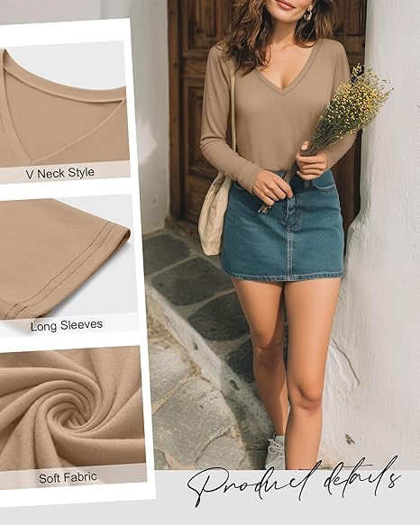 Neer 4 Pack Women's T-Shirts V Neck Long Sleeve Casual Tops Loose Fit Basic Layering Shirts Straight Hem Plain Soft Tees - Image 3