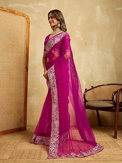 Svayi Saree for Women Net Floral design Pink Gold Sequin Embroidery Border work Saree with Blouse Piece - Image 3