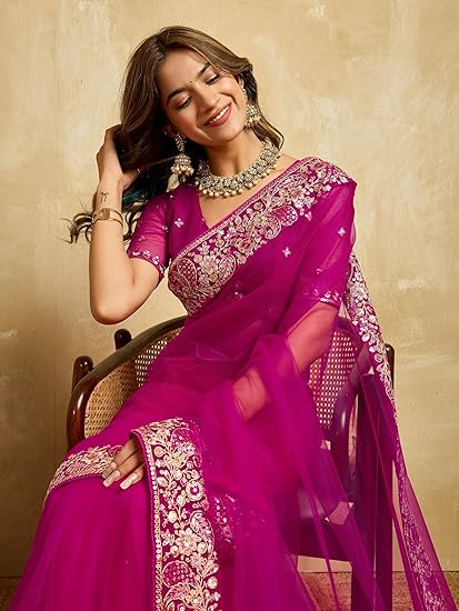 Svayi Saree for Women Net Floral design Pink Gold Sequin Embroidery Border work Saree with Blouse Piece