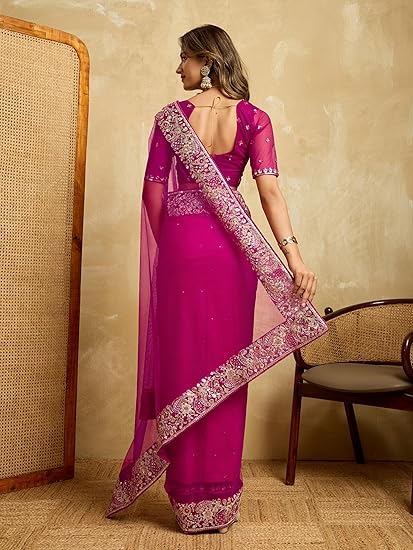 Svayi Saree for Women Net Floral design Pink Gold Sequin Embroidery Border work Saree with Blouse Piece - Image 2