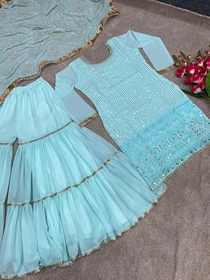 Beautiful Chinnon Punjabi Style Sharara Suit For Women Ready To Wear Salwar Kameez With Dupatta - Image 4