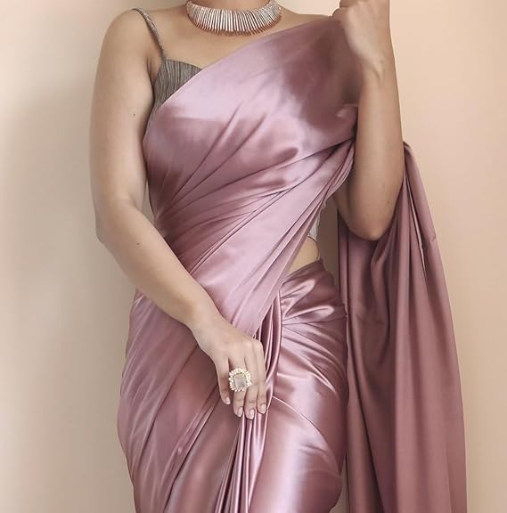 SHOPAZ Women's Ready to Wear Rose Gold Satin Silk 1 Minute Pre Pleated Indian Saree With Unstiched Blouse - Image 3
