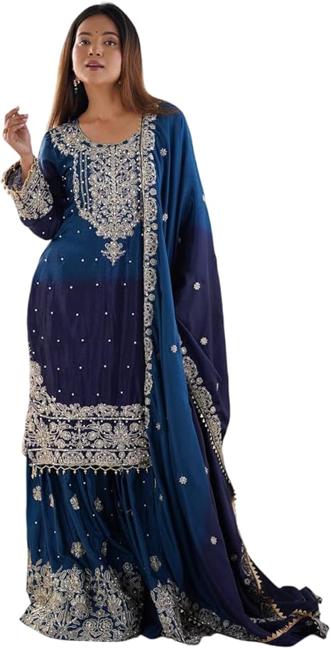 DONE WITH LOVE Women's Chinon Silk Sequence With Rivet Moti Work Straight Kurta With Sharara and Dupatta Set (Blue-L)