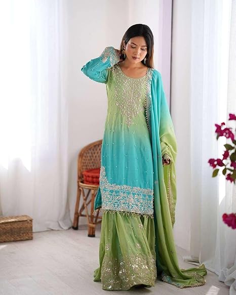Women's Chinon Silk Sequence With Rivet Moti Work Straight Kurta With Sharara and Dupatta Set - Image 2