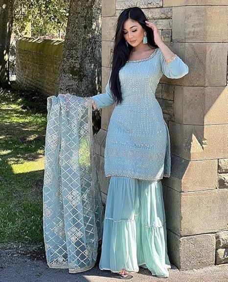 Beautiful Chinnon Punjabi Style Sharara Suit For Women Ready To Wear Salwar Kameez With Dupatta - Image 3