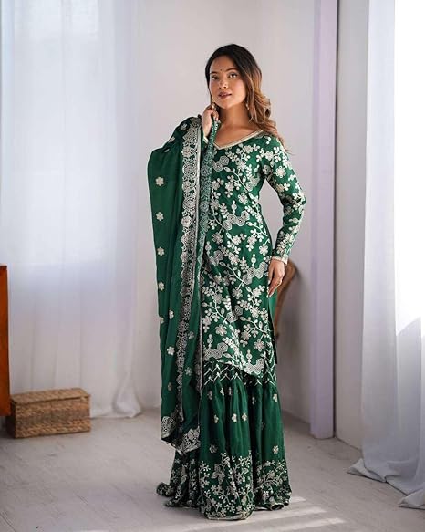 DONE WITH LOVE Women's Chinon Silk Embroidery Sequence Work Straight Kurti With Sharara Suit and Dupatta Set (Green-XXL) - Image 4