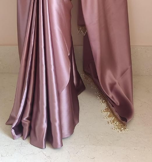 SHOPAZ Women's Ready to Wear Rose Gold Satin Silk 1 Minute Pre Pleated Indian Saree With Unstiched Blouse - Image 2