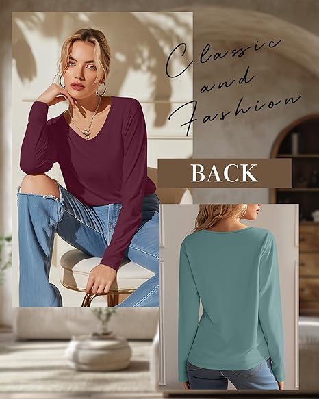 Ficerd 3 Pack Women's Long Sleeve T Shirts, V Neck Basic Tops Fall Casual Trendy Tees Loose Fit Soft Clothes Outfits - Image 3
