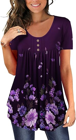 BeadChica Women's Tunic Tops For Leggings Short Sleeve Shirts Botton Up Casual Ruched Blouses Clothing