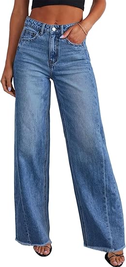 Sidefeel Women's Wide Leg Jeans High Waisted Stretchy Raw Hem Zimbaplatinum Denim Pants