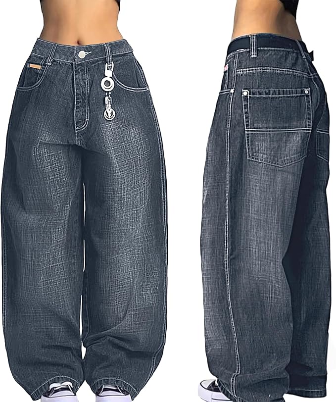 EMMIOL Women Boyfriends Hip Hop 90s Vintage Baggy Jeans Loose Denim Pants Mid-Low Waist Jeans