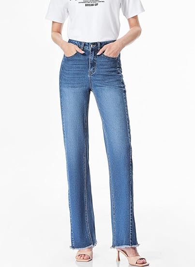 Sidefeel Women's Wide Leg Jeans High Waisted Stretchy Raw Hem Zimbaplatinum Denim Pants - Image 3