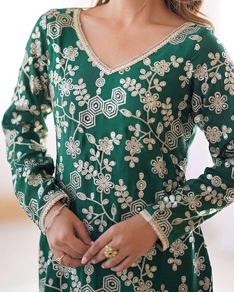 DONE WITH LOVE Women's Chinon Silk Embroidery Sequence Work Straight Kurti With Sharara Suit and Dupatta Set (Green-XXL) - Image 2
