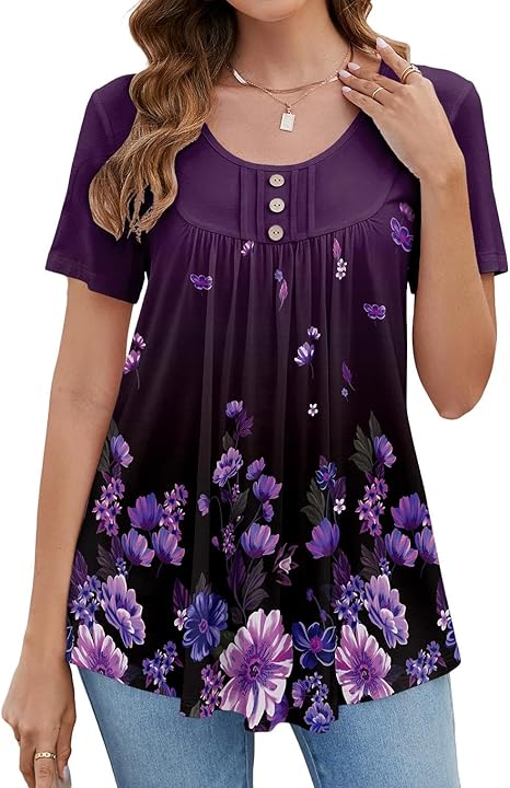 BeadChica Women's Tunic Tops For Leggings Short Sleeve Shirts Botton Up Casual Ruched Blouses Clothing - Image 3