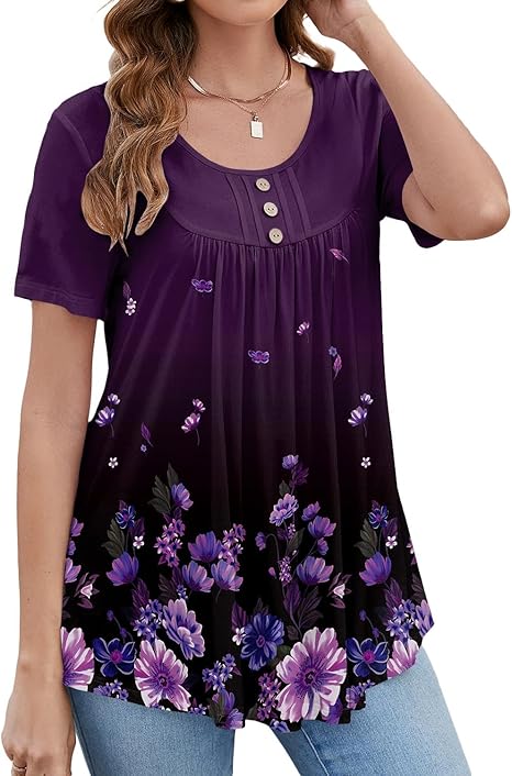 BeadChica Women's Tunic Tops For Leggings Short Sleeve Shirts Botton Up Casual Ruched Blouses Clothing - Image 2