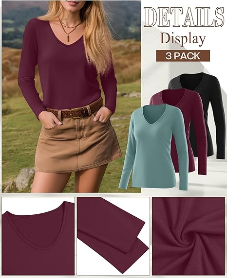 Ficerd 3 Pack Women's Long Sleeve T Shirts, V Neck Basic Tops Fall Casual Trendy Tees Loose Fit Soft Clothes Outfits - Image 2