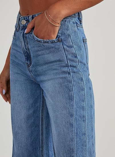 Sidefeel Women's Wide Leg Jeans High Waisted Stretchy Raw Hem Zimbaplatinum Denim Pants - Image 4