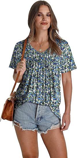 WEESO Womens T Shirts Short Sleeve Pleated Dressy Casual V Neck Summer Tops Blouses - Image 5