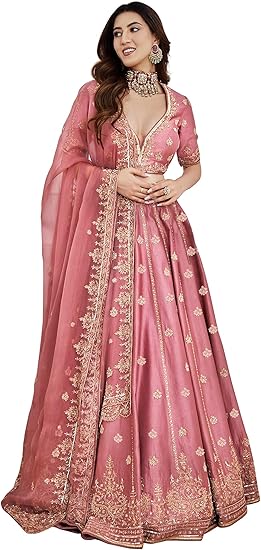 TRENDMALLS Women's Satin Embroidery Sequence Work Bridal Lehenga Choli Set with Dupatta For Women Ready To Wear