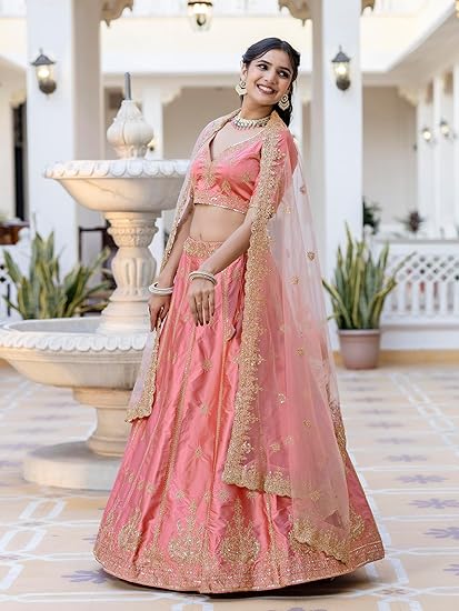 TRENDMALLS Women's Satin Embroidery Sequence Work Bridal Lehenga Choli Set with Dupatta For Women Ready To Wear - Image 3