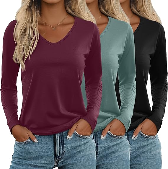 Ficerd 3 Pack Women's Long Sleeve T Shirts, V Neck Basic Tops Fall Casual Trendy Tees Loose Fit Soft Clothes Outfits