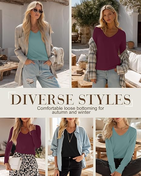 Ficerd 3 Pack Women's Long Sleeve T Shirts, V Neck Basic Tops Fall Casual Trendy Tees Loose Fit Soft Clothes Outfits - Image 4