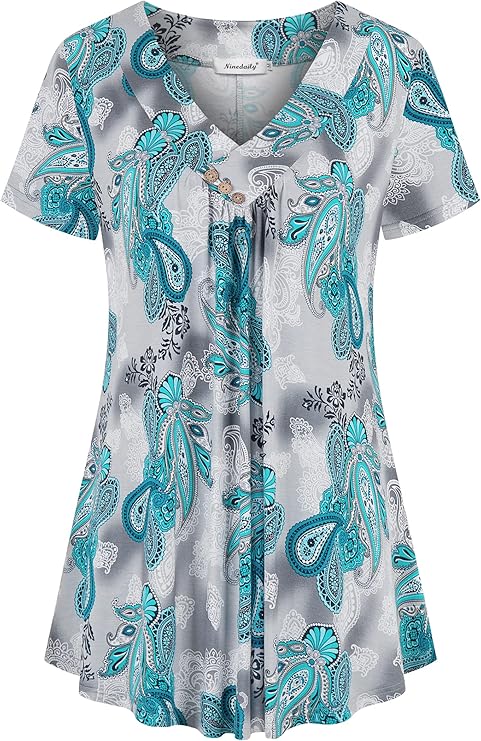 Ninedaily Women's Tunic Summer Short Sleeve Top Loose V Neck Dressy Shirt Blouse