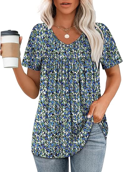 WEESO Womens T Shirts Short Sleeve Pleated Dressy Casual V Neck Summer Tops Blouses - Image 2